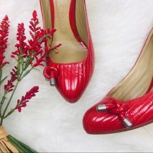 Chloe Red Quilted Side Bow Heels Pumps Romantic